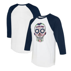 Cleveland Guardians Tiny Turnip Unisex Sugar Skull 3/4-Sleeve Raglan T-Shirt - White/Navy T-shirts
