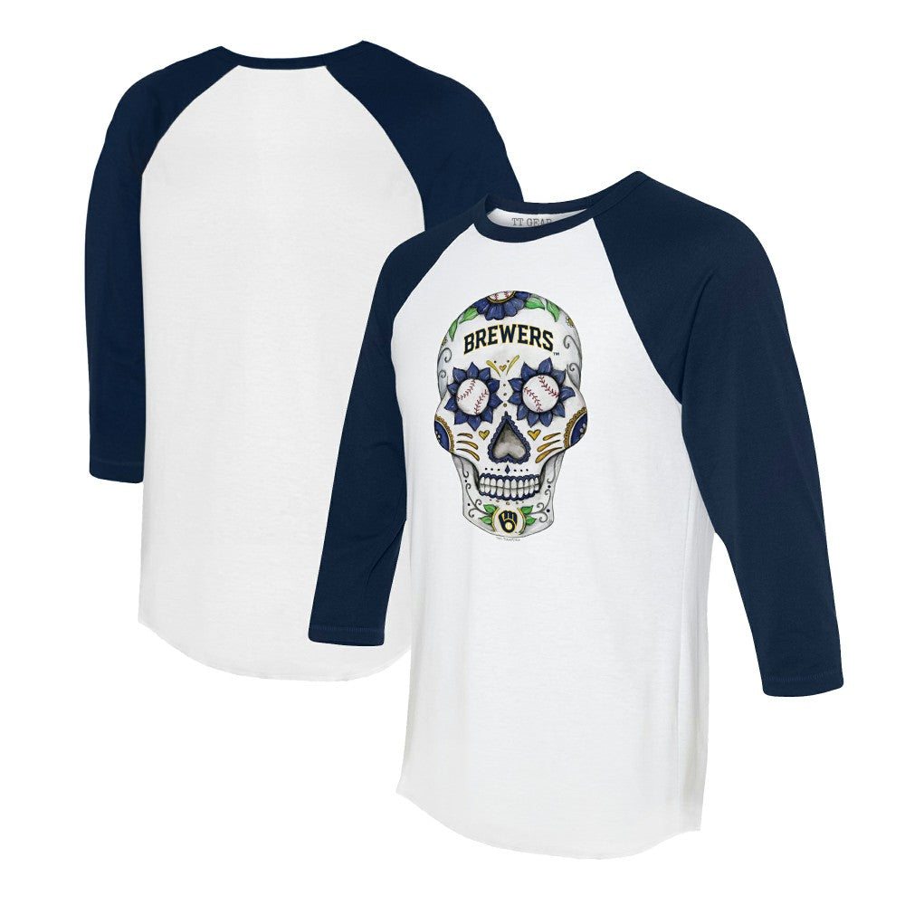 Milwaukee Brewers Tiny Turnip Unisex Sugar Skull 3/4-Sleeve Raglan T-Shirt - White/Navy T-shirts