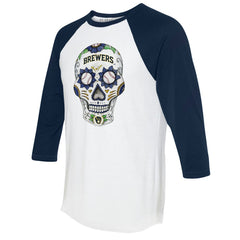 Milwaukee Brewers Tiny Turnip Unisex Sugar Skull 3/4-Sleeve Raglan T-Shirt - White/Navy T-shirts