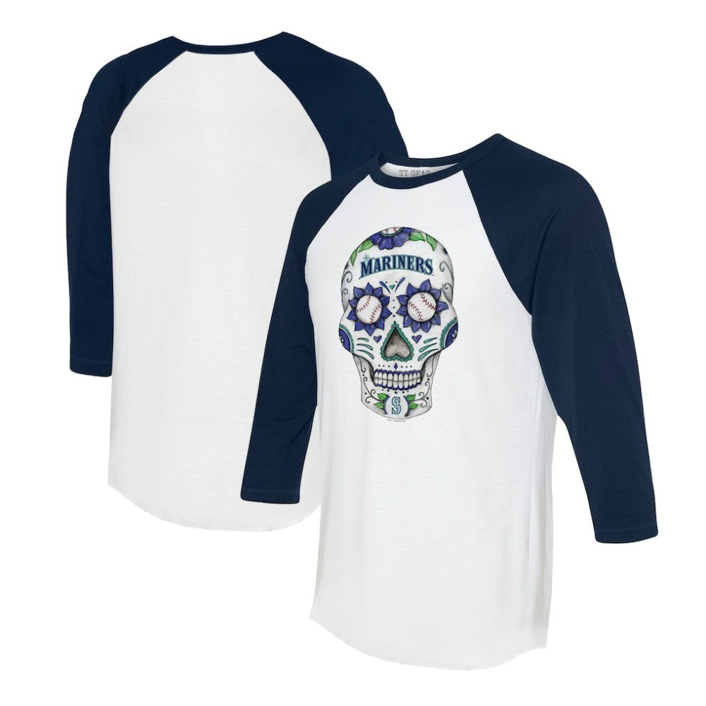 Seattle Mariners Tiny Turnip Unisex Sugar Skull 3/4-Sleeve Raglan T-Shirt - White/Navy T-shirts