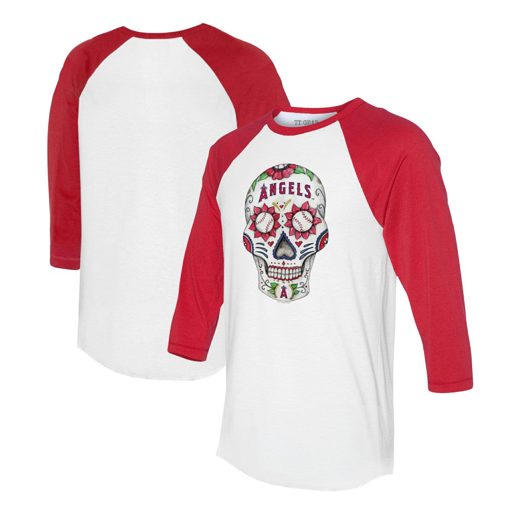 Los Angeles Angels Tiny Turnip Unisex Sugar Skull 3/4-Sleeve Raglan T-Shirt - White/Red T-shirts