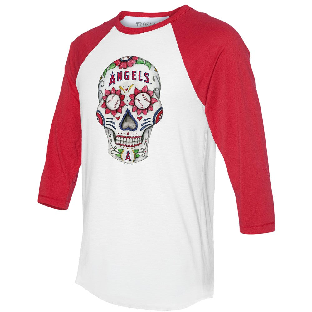 Los Angeles Angels Tiny Turnip Unisex Sugar Skull 3/4-Sleeve Raglan T-Shirt - White/Red T-shirts