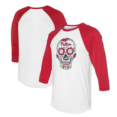 Philadelphia Phillies Tiny Turnip Unisex Sugar Skull 3/4-Sleeve Raglan T-Shirt - White/Red T-shirts