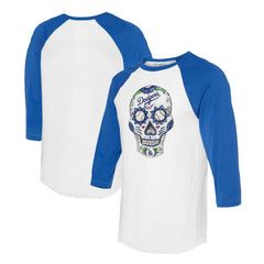 Los Angeles Dodgers Tiny Turnip Unisex Sugar Skull 3/4-Sleeve Raglan T-Shirt - White/Royal T-shirts