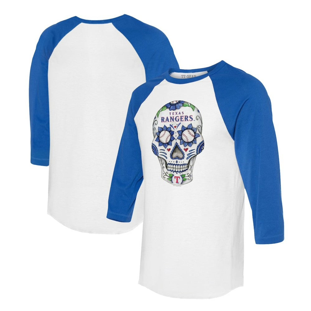 Texas Rangers Tiny Turnip Unisex Sugar Skull 3/4-Sleeve Raglan T-Shirt - White/Royal T-shirts