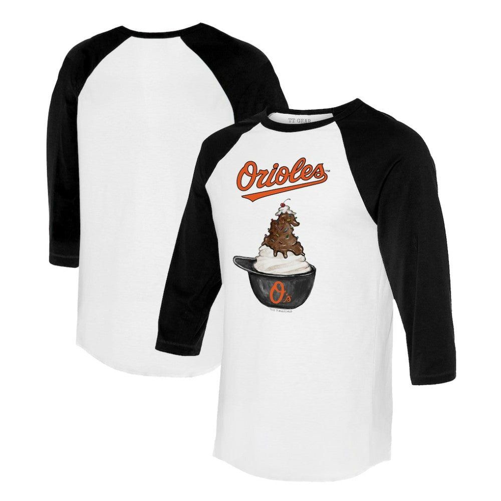Baltimore Orioles Tiny Turnip Unisex Sundae Helmet 3/4-Sleeve Raglan T-Shirt - White/Black T-shirts