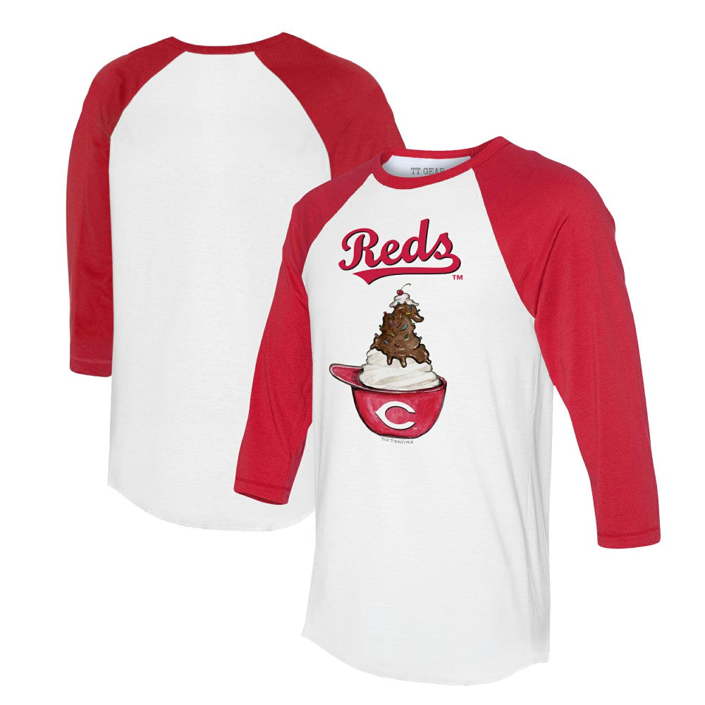 Cincinnati Reds Tiny Turnip Unisex Sundae Helmet 3/4-Sleeve Raglan T-Shirt - White/Red T-shirts