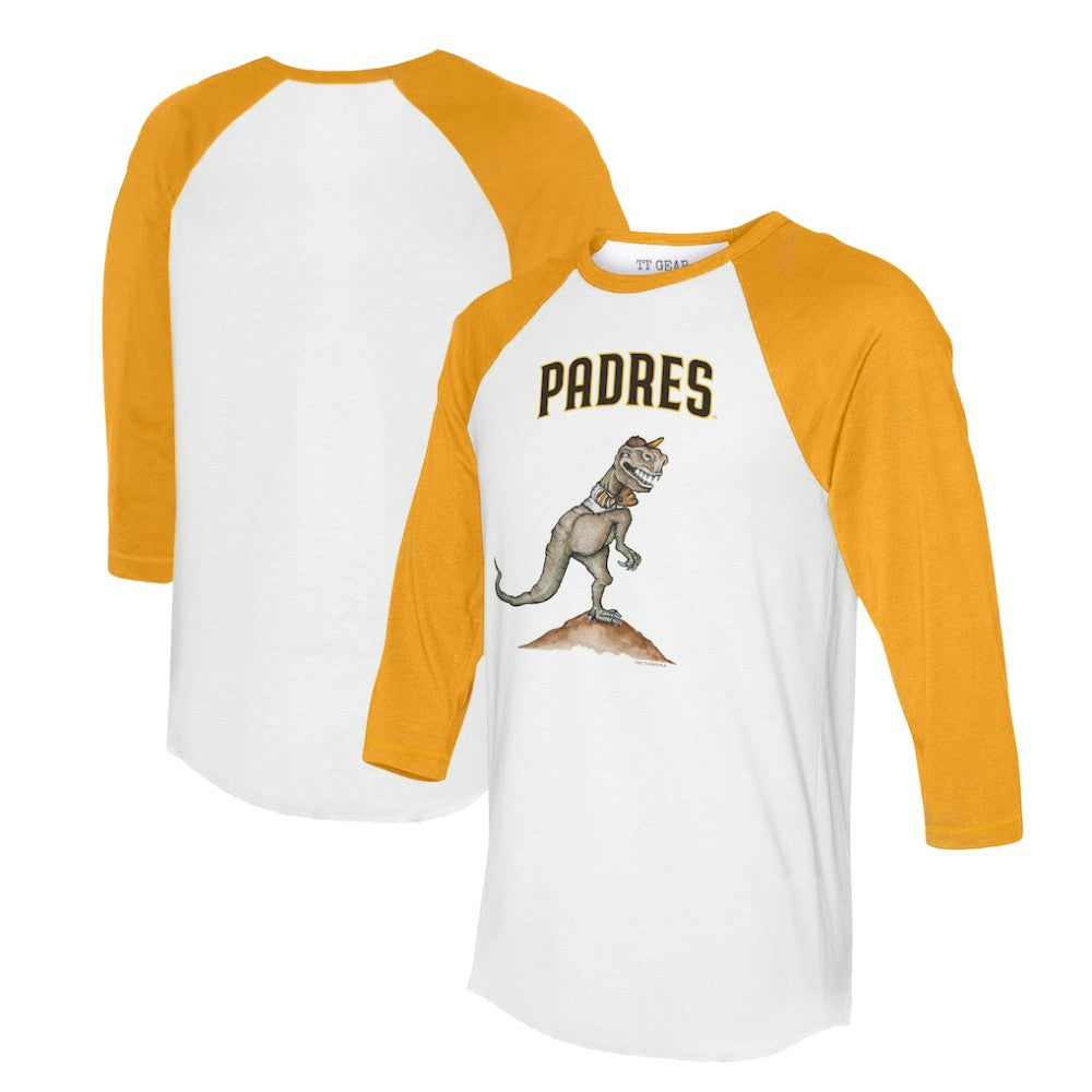 San Diego Padres Tiny Turnip Unisex TT Rex 3/4-Sleeve Raglan T-Shirt - White/Gold T-shirts