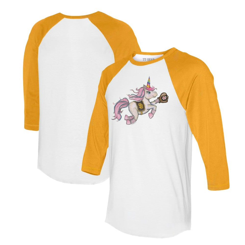 San Diego Padres Tiny Turnip Unisex Unicorn 3/4-Sleeve Raglan T-Shirt - White/Gold T-shirts