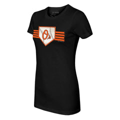 Baltimore Orioles Tiny Turnip Women's Base Stripe T-Shirt - Black T-shirts