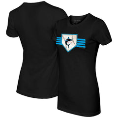 Miami Marlins Tiny Turnip Women's Base Stripe T-Shirt - Black T-shirts