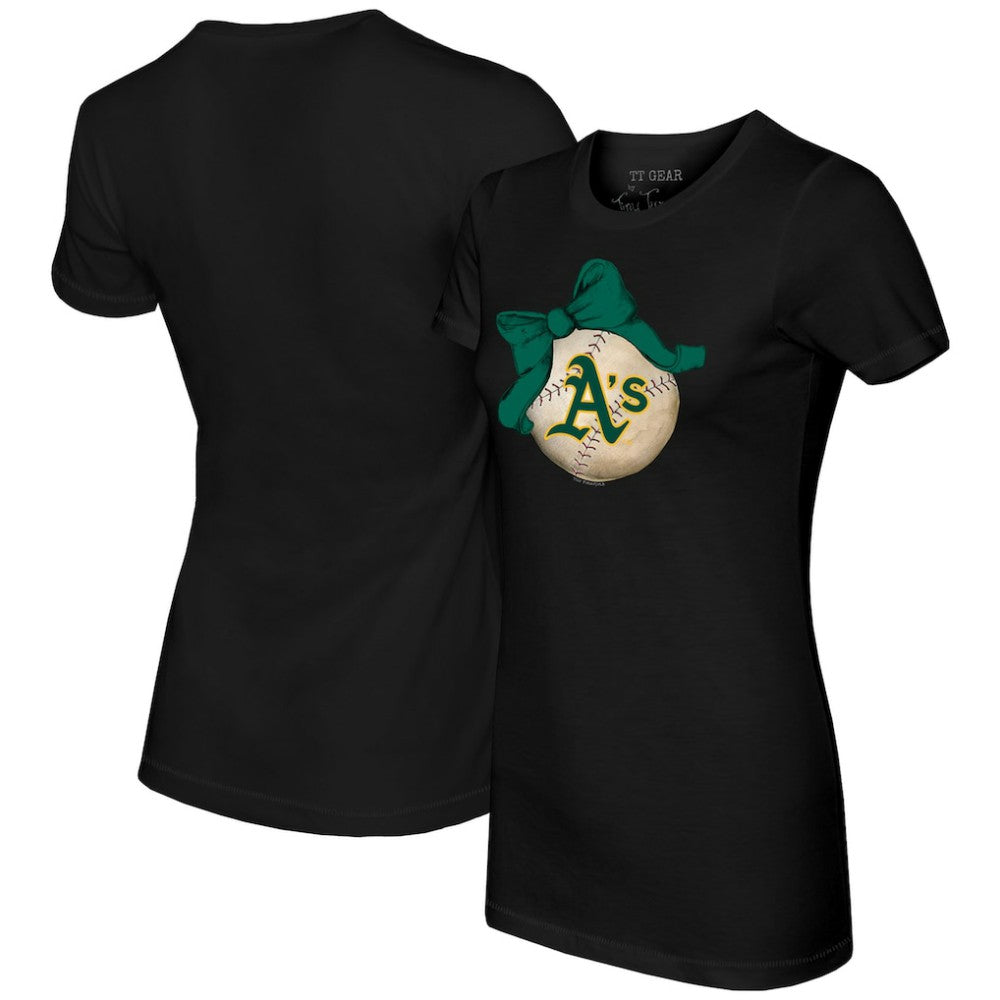 Athletics Tiny Turnip Women's Baseball Bow T-Shirt - Black T-shirts