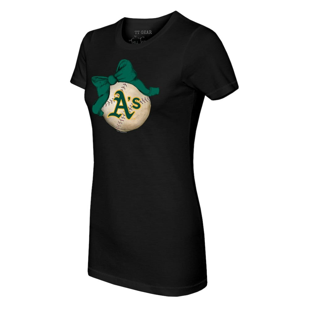 Athletics Tiny Turnip Women's Baseball Bow T-Shirt - Black T-shirts