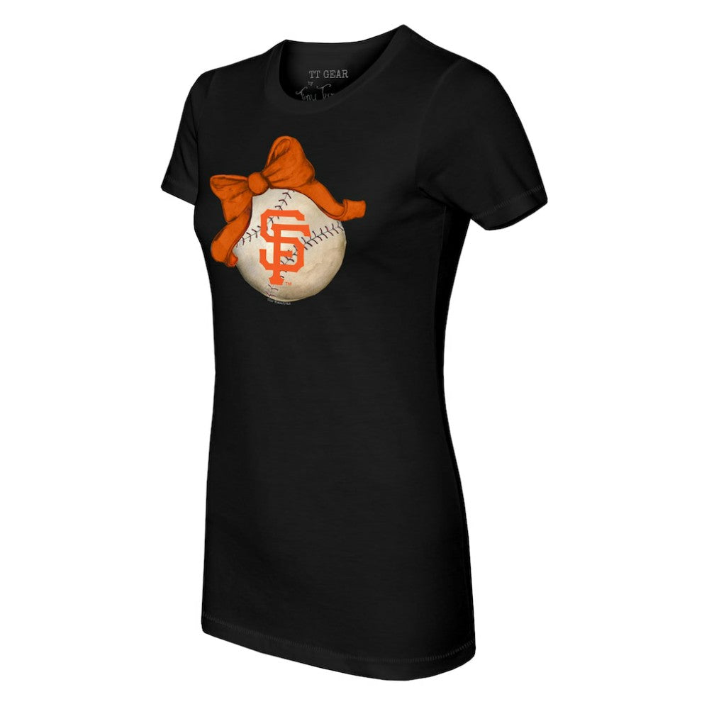 San Francisco Giants Tiny Turnip Women's Baseball Bow T-Shirt - Black T-shirts