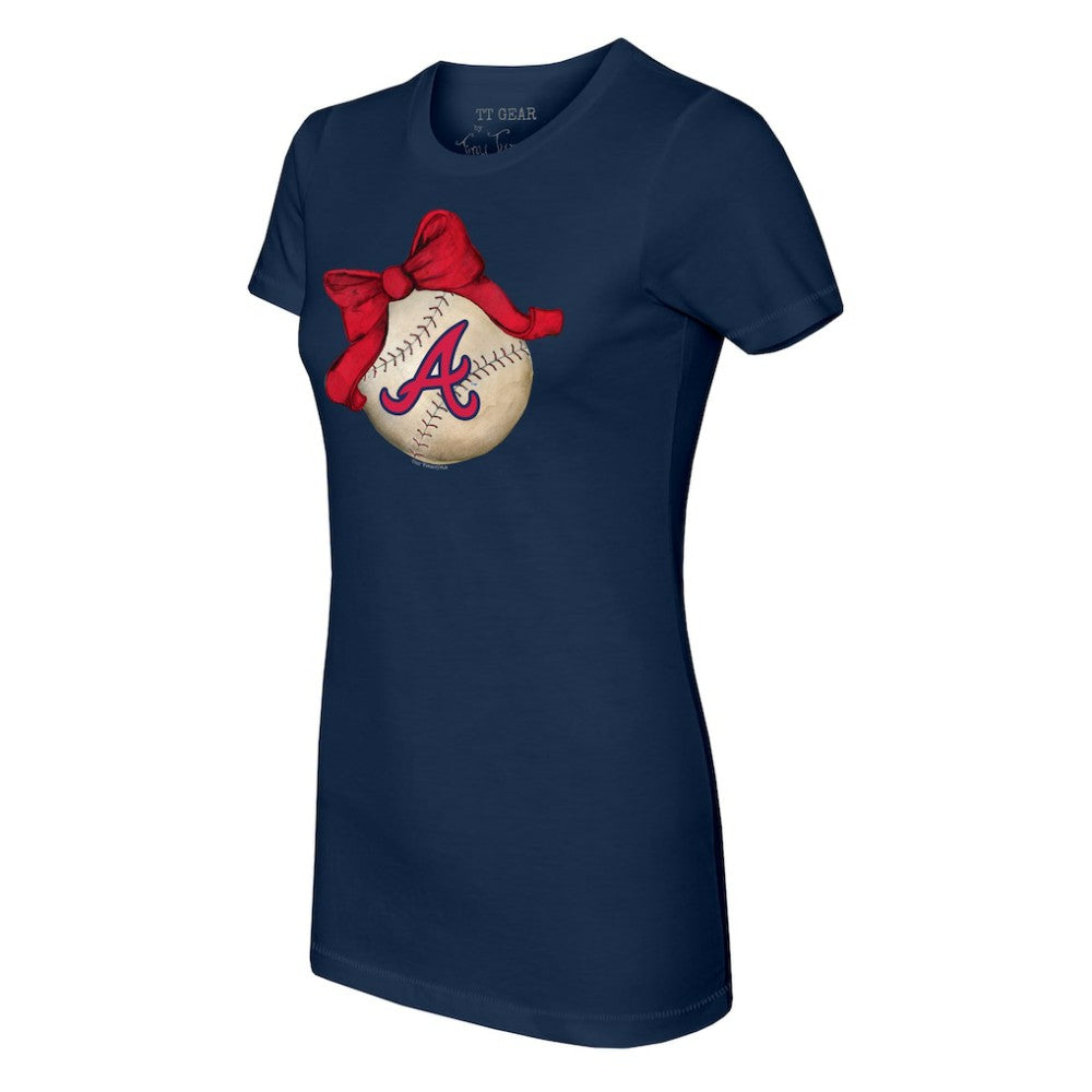 Atlanta Braves Tiny Turnip Women's Baseball Bow T-Shirt - Navy T-shirts