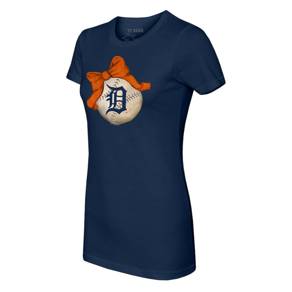 Detroit Tigers Tiny Turnip Women's Baseball Bow T-Shirt - Navy T-shirts