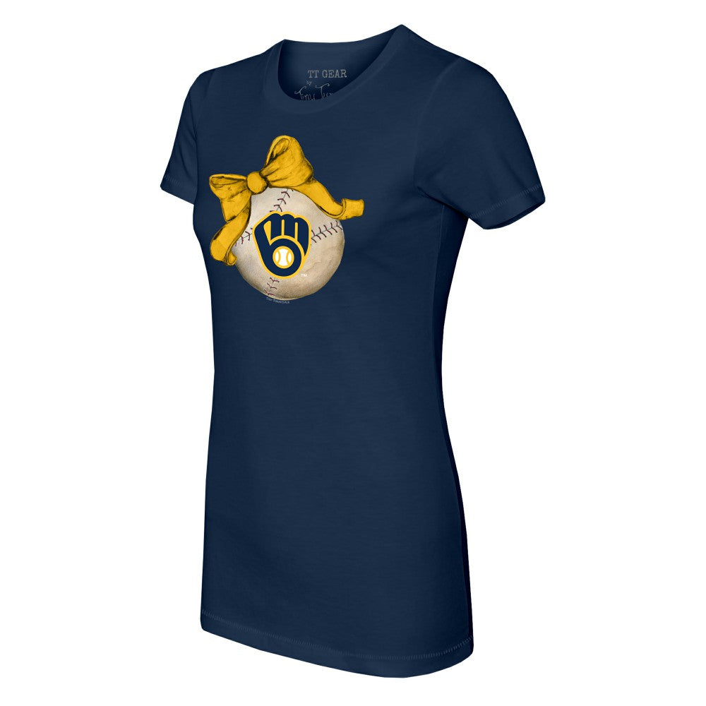 Milwaukee Brewers Tiny Turnip Women's Baseball Bow T-Shirt - Navy T-shirts