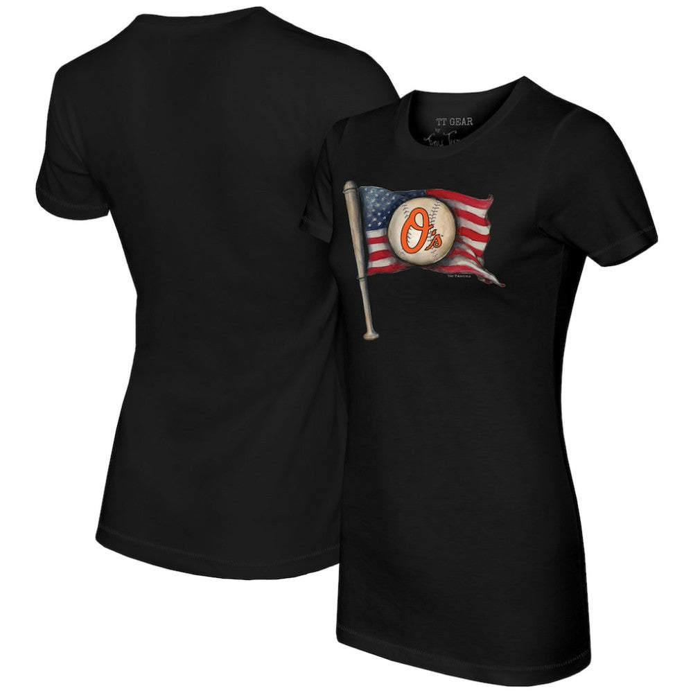Baltimore Orioles Tiny Turnip Women's Baseball Flag T-Shirt - Black T-shirts