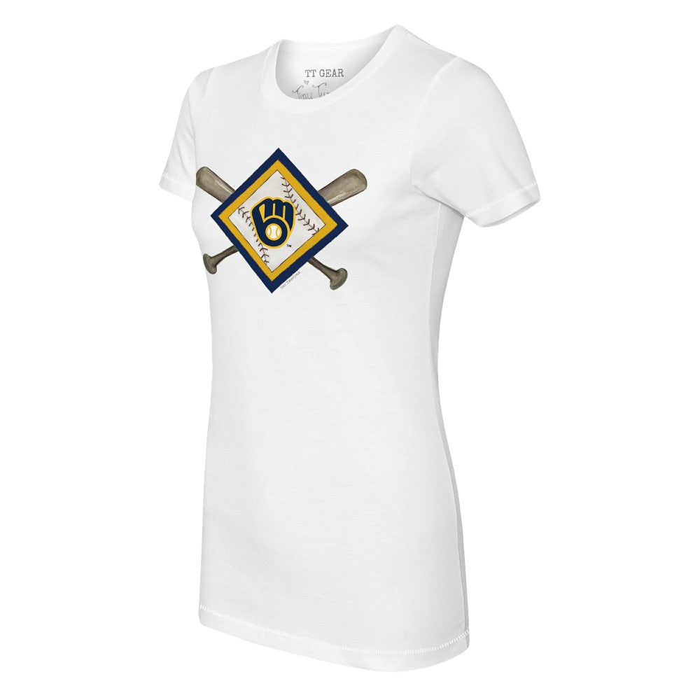 Milwaukee Brewers Tiny Turnip Women's Diamond Cross Bats T-Shirt - White T-shirts