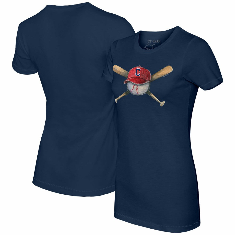 Cleveland Guardians Tiny Turnip Women's Hat Crossbats T-Shirt - Navy Hats