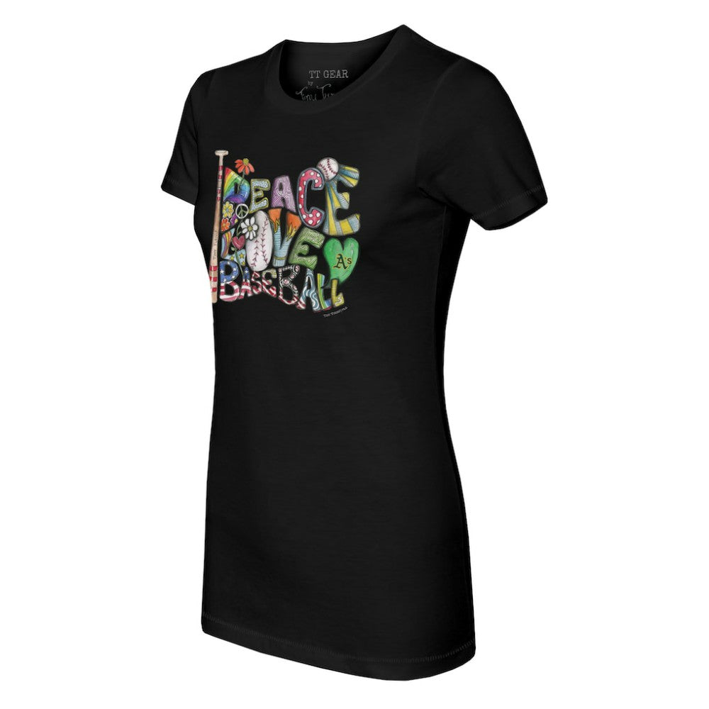 Athletics Tiny Turnip Women's Peace Love Baseball Fitted T-Shirt - Black T-shirts