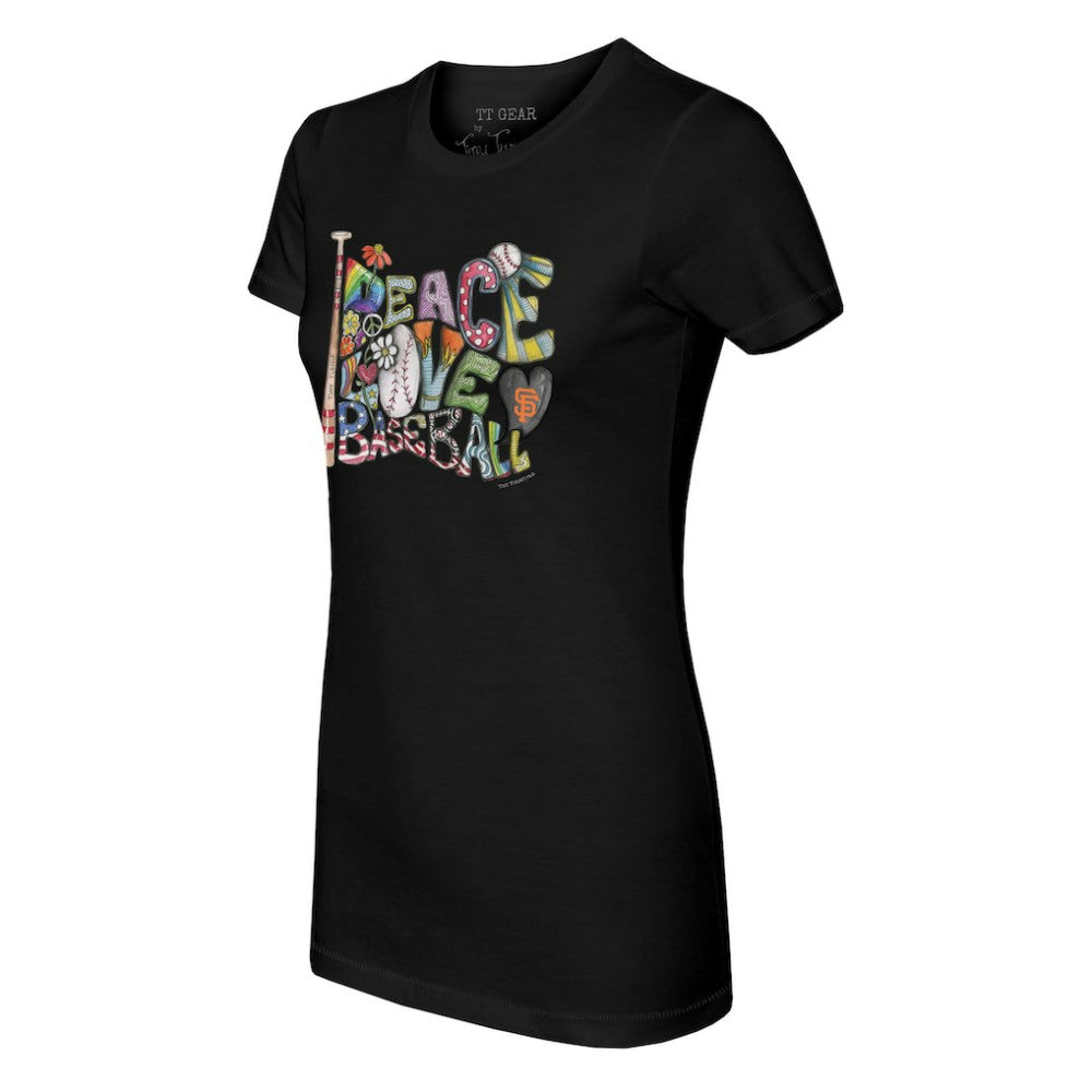 San Francisco Giants Tiny Turnip Women's Peace Love Baseball Fitted T-Shirt - Black T-shirts