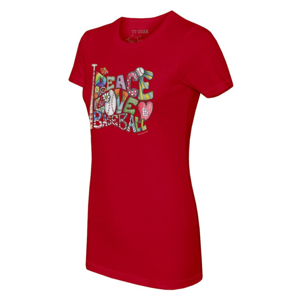 St. Louis Cardinals Tiny Turnip Women's Peace Love Baseball Fitted T-Shirt - Red T-shirts