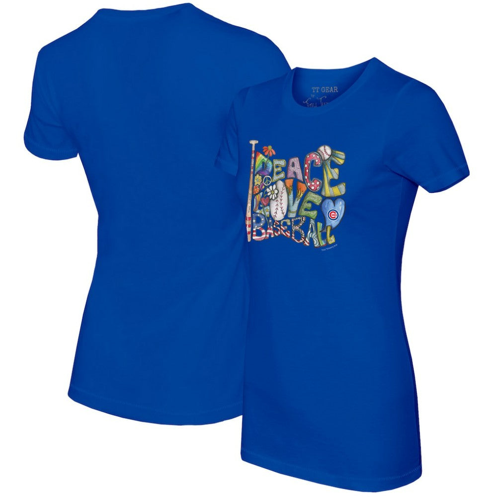 Chicago Cubs Tiny Turnip Women's Peace Love Baseball Fitted T-Shirt - Royal T-shirts