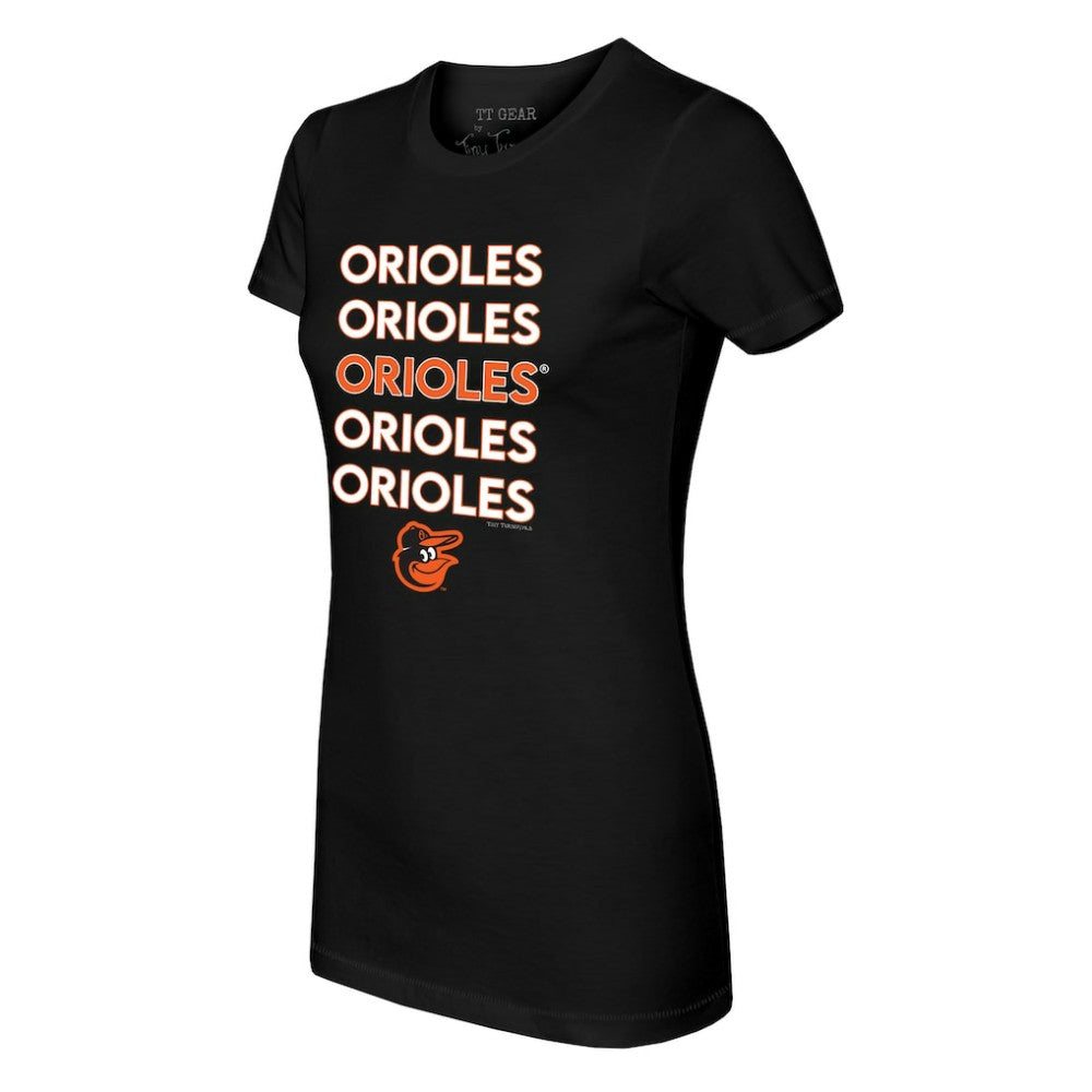 Baltimore Orioles Tiny Turnip Women's Stacked T-Shirt - Black T-shirts