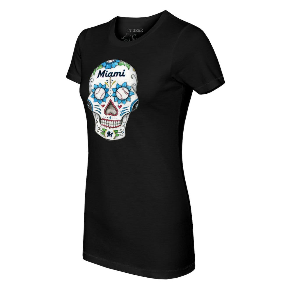 Miami Marlins Tiny Turnip Women's Sugar Skull T-Shirt - Black T-shirts