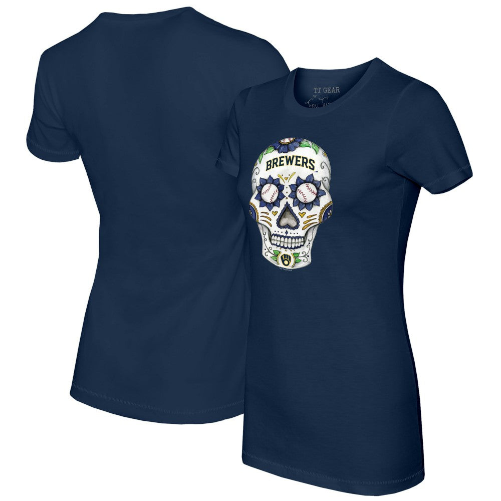 Milwaukee Brewers Tiny Turnip Women's Sugar Skull T-Shirt - Navy T-shirts