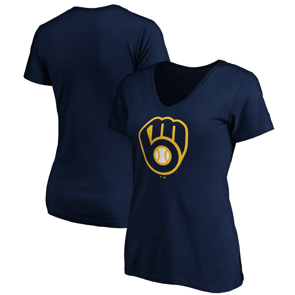Milwaukee Brewers Women's Core Official Primary Logo V-Neck T-Shirt - Navy T-shirts