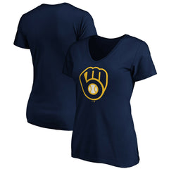 Milwaukee Brewers Women's Core Official Primary Logo V-Neck T-Shirt - Navy T-shirts