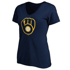 Milwaukee Brewers Women's Core Official Primary Logo V-Neck T-Shirt - Navy T-shirts