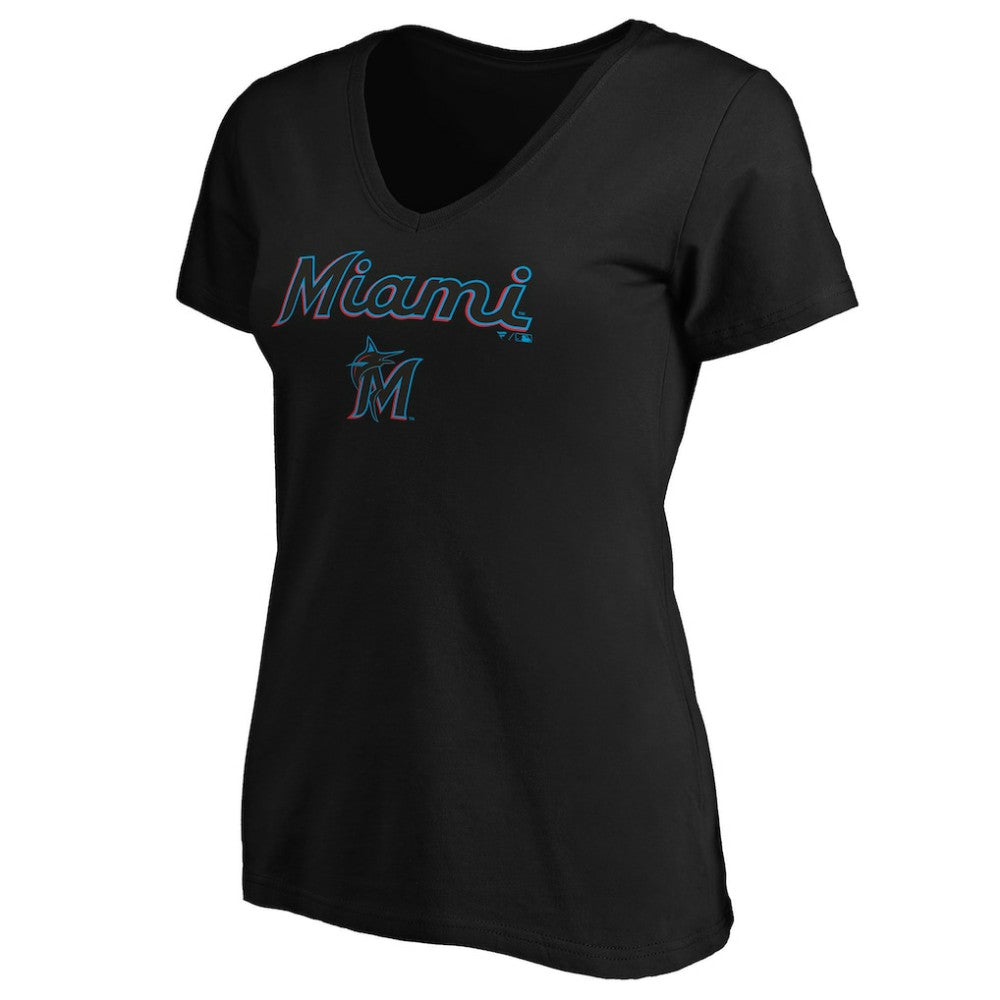 Miami Marlins Women's Core Team Lock Up V-Neck T-Shirt - Black T-shirts
