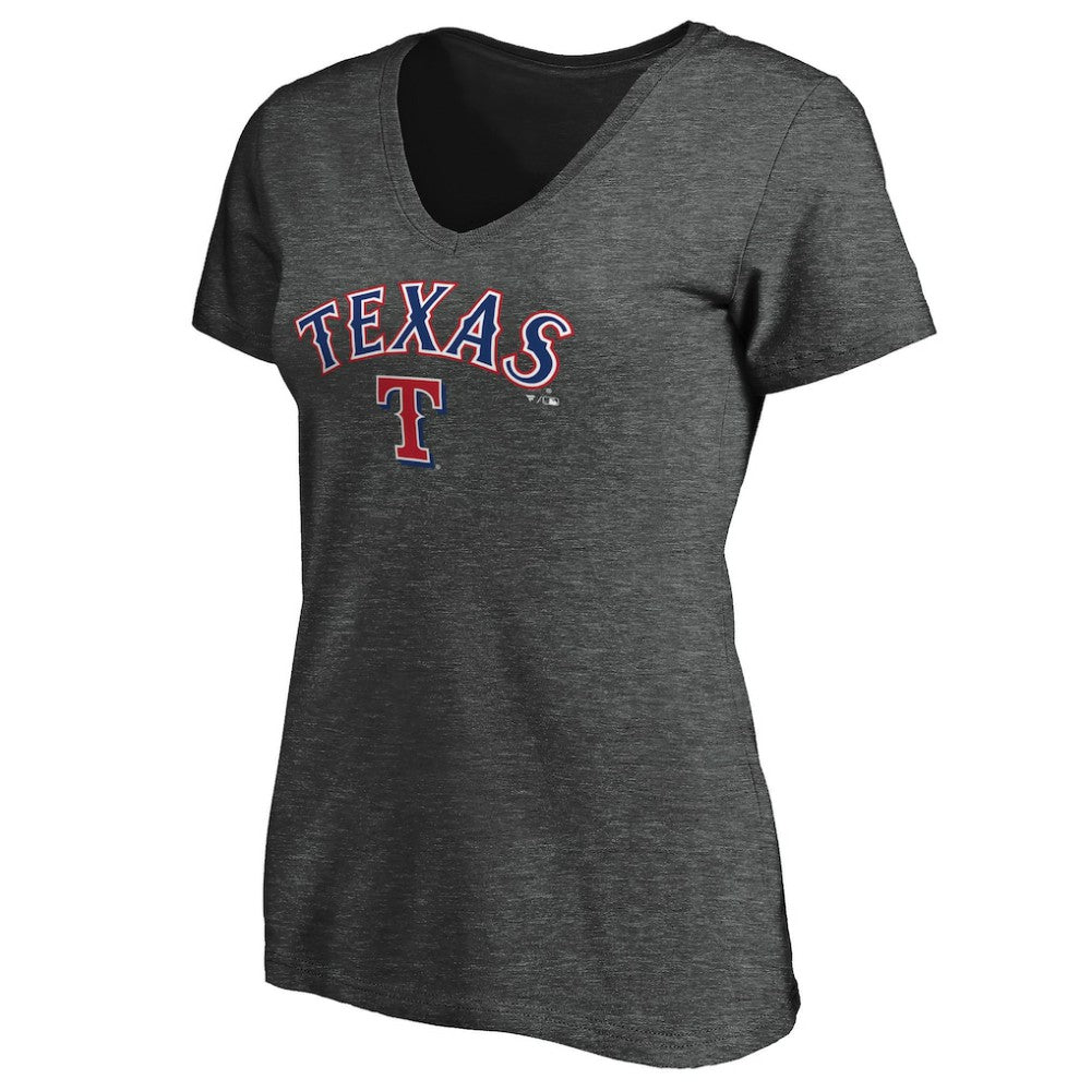 Texas Rangers Women's Core Team Lock Up Wordmark V-Neck T-Shirt - Charcoal T-shirts