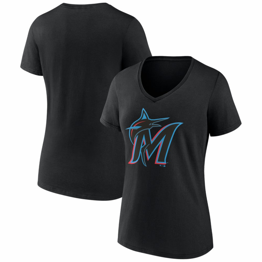 Miami Marlins Women's Logo V-Neck T-Shirt - Black T-shirts