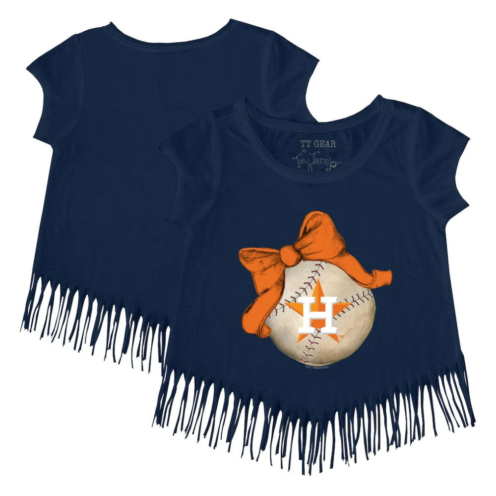 Houston Astros Tiny Turnip Girls Youth Baseball Bow Fringe T-Shirt - Navy T-shirts