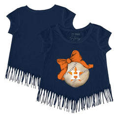 Houston Astros Tiny Turnip Girls Youth Baseball Bow Fringe T-Shirt - Navy T-shirts
