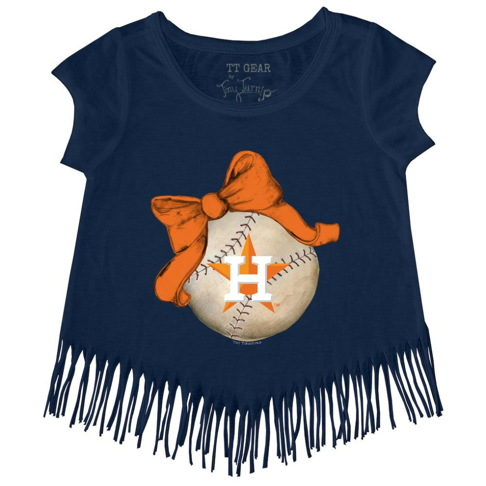 Houston Astros Tiny Turnip Girls Youth Baseball Bow Fringe T-Shirt - Navy T-shirts