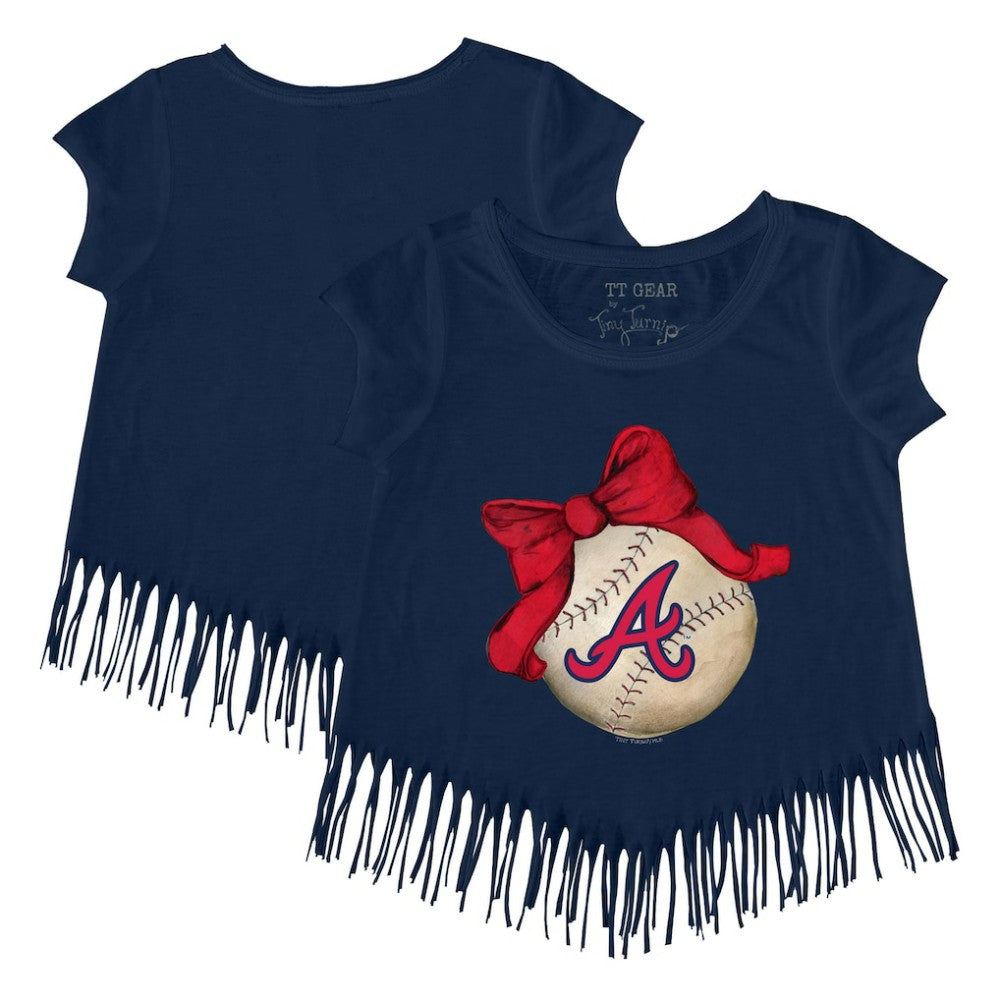Atlanta Braves Tiny Turnip Girls Youth Baseball Bow Fringe T-Shirt - Navy T-shirts