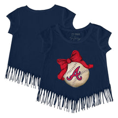 Atlanta Braves Tiny Turnip Girls Youth Baseball Bow Fringe T-Shirt - Navy T-shirts
