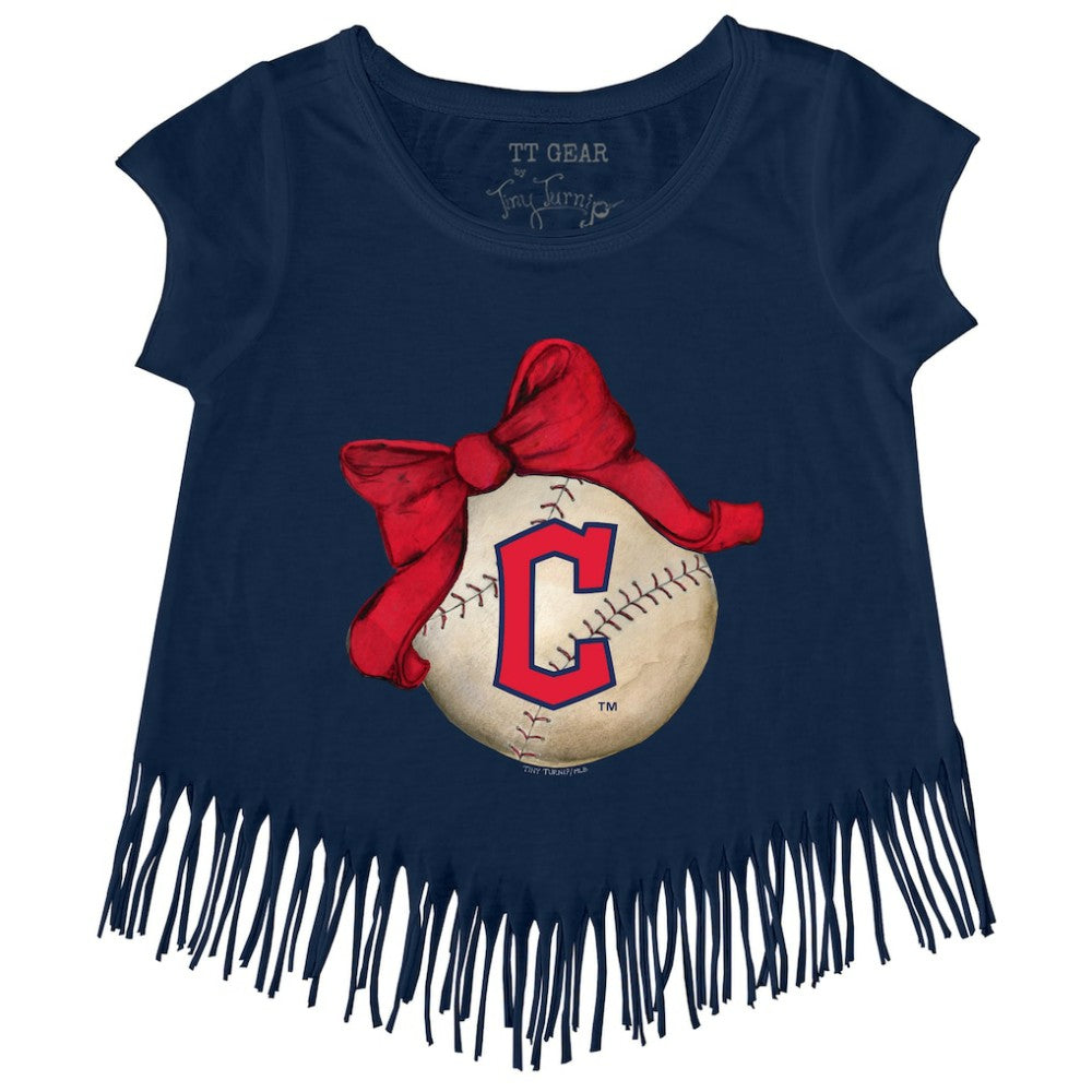 Cleveland Guardians Tiny Turnip Girls Youth Baseball Bow Fringe T-Shirt - Navy T-shirts