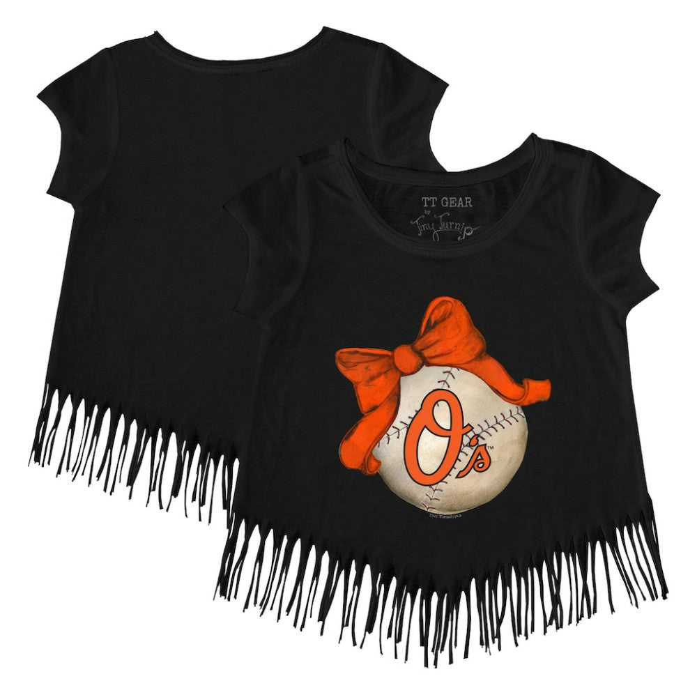 Baltimore Orioles Tiny Turnip Girls Youth Baseball Bow Fringe T-Shirt - Black T-shirts