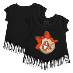 Baltimore Orioles Tiny Turnip Girls Youth Baseball Bow Fringe T-Shirt - Black T-shirts