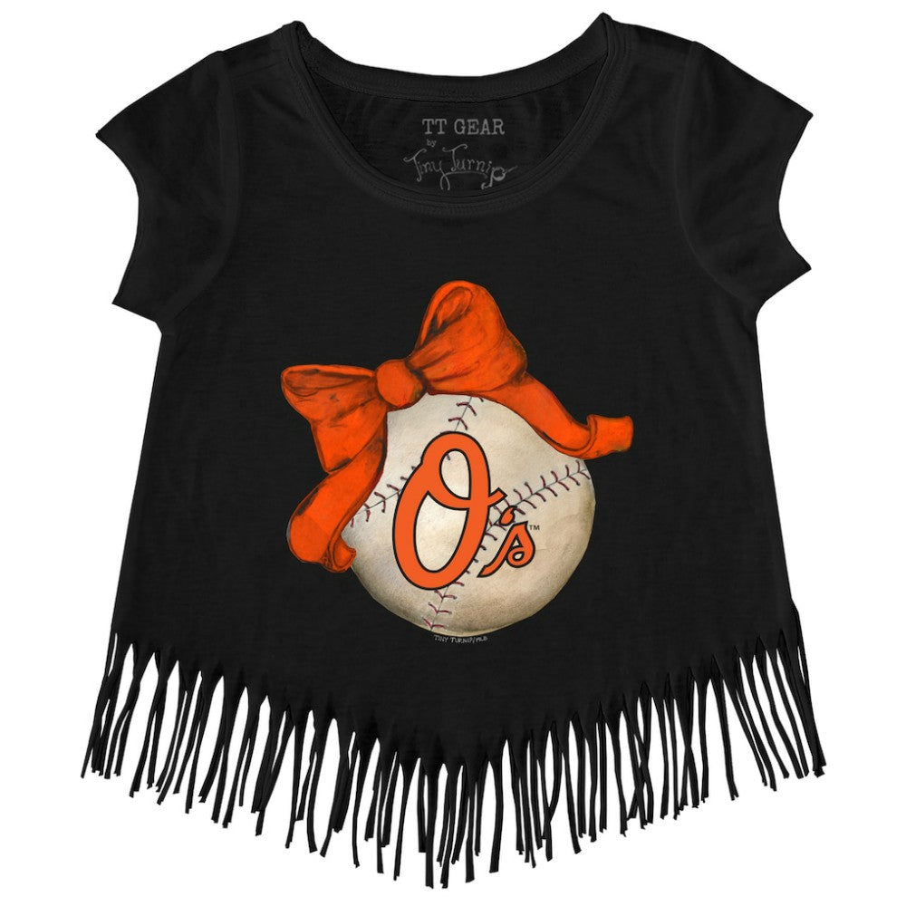 Baltimore Orioles Tiny Turnip Girls Youth Baseball Bow Fringe T-Shirt - Black T-shirts