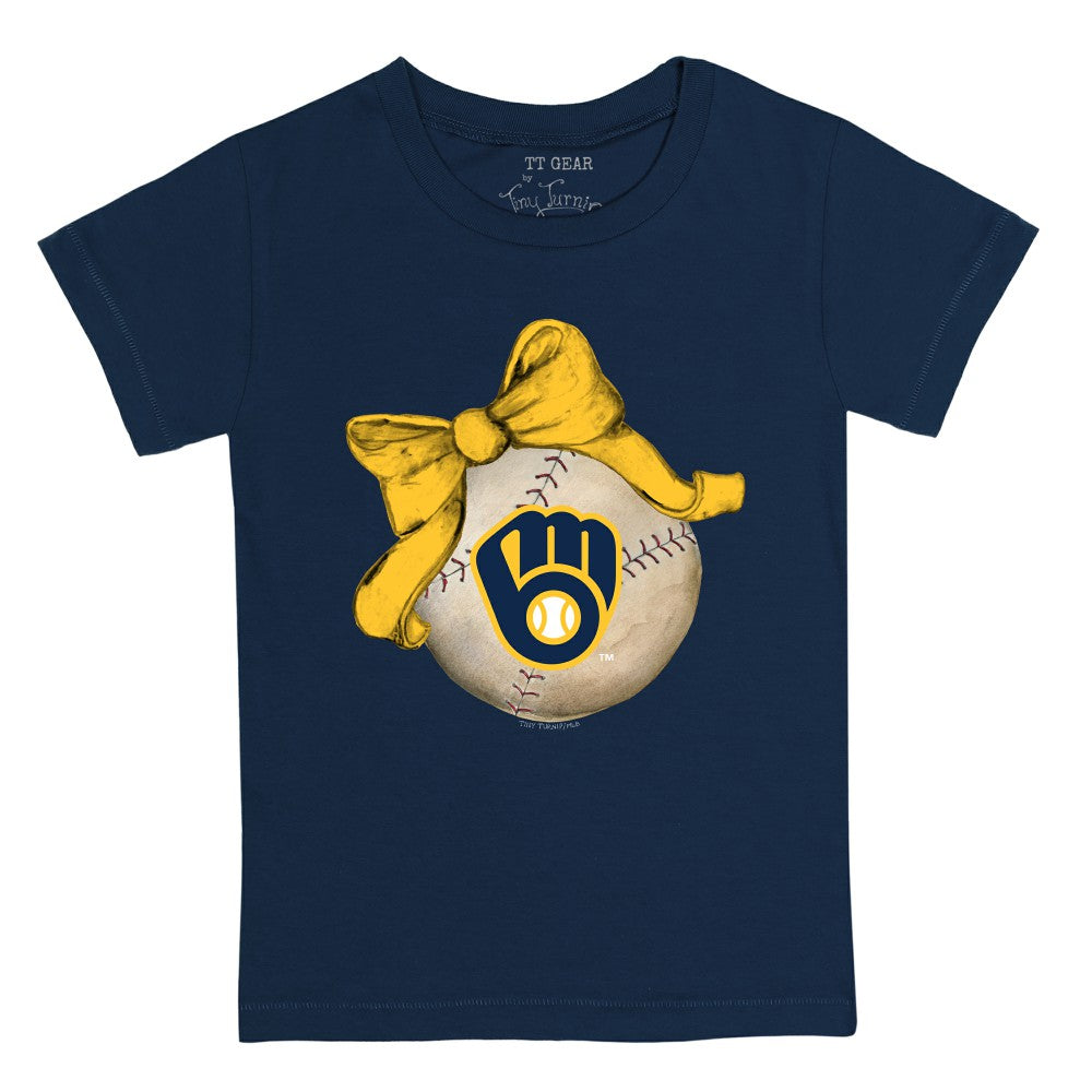 Milwaukee Brewers Tiny Turnip Youth Baseball Bow T-Shirt - Navy T-shirts