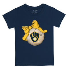 Milwaukee Brewers Tiny Turnip Youth Baseball Bow T-Shirt - Navy T-shirts