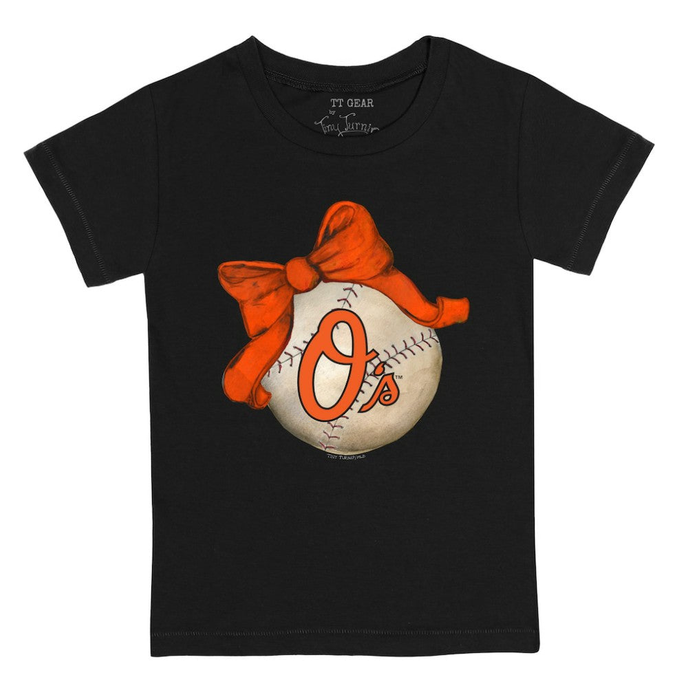 Baltimore Orioles Tiny Turnip Youth Baseball Bow T-Shirt - Black T-shirts