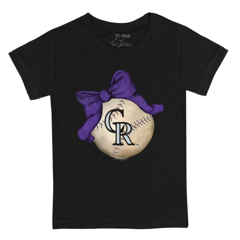 Colorado Rockies Tiny Turnip Youth Baseball Bow T-Shirt - Black T-shirts